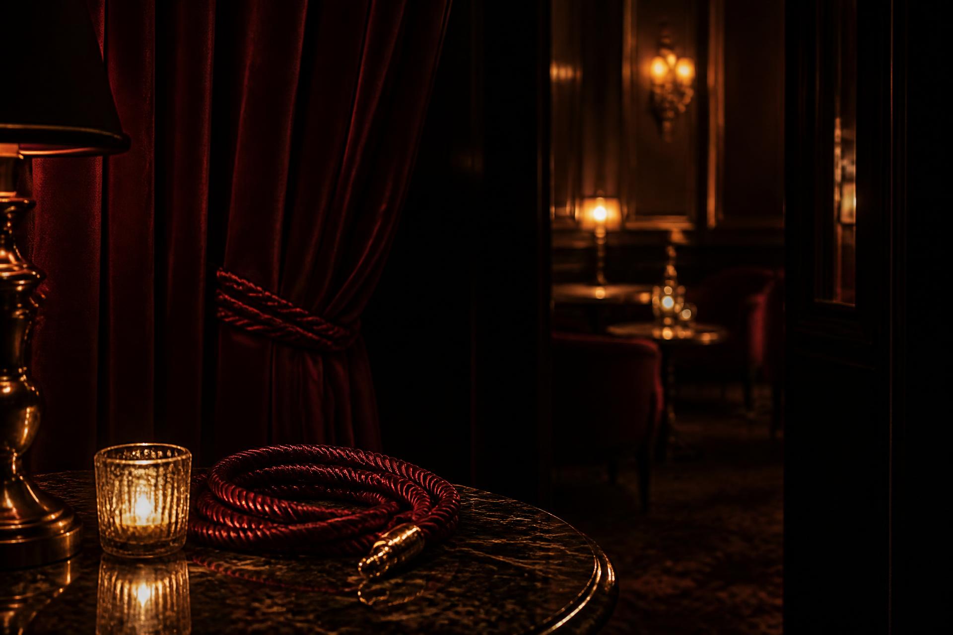 Salon feutré aux tentures bordeaux et lumières de laiton